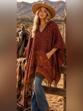 New‼️ Rhea Hooded 🌺 Poncho Cape Fringe OS One Size